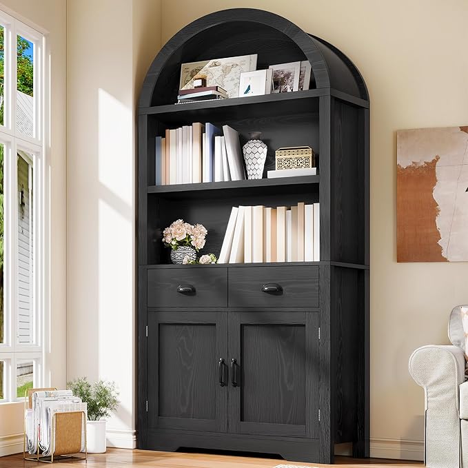 YITAHOME Arched Bookshelf, 71" Tall Bookcase with Drawers Arched Bookcase with Storage, Bookshelf Display Storage Rack with Adjustable Shelves for Living Room, Office, Black