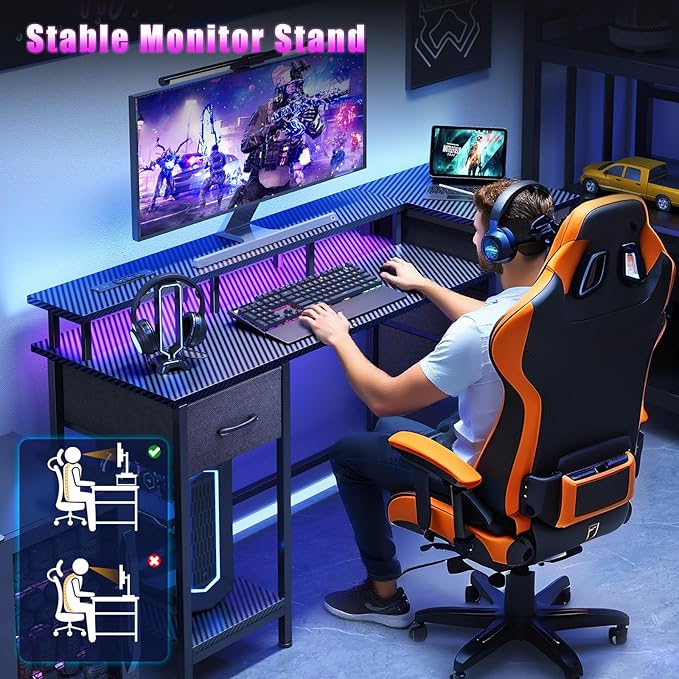 Korfile 55 Inch Gaming Desk with Power Outlets and LED Lights, Reversible Computer Desk with 5 Fabric Storage Drawers, Home Office Desk with Monitor Stand for Working Writing Study, Carbon Fiber Black