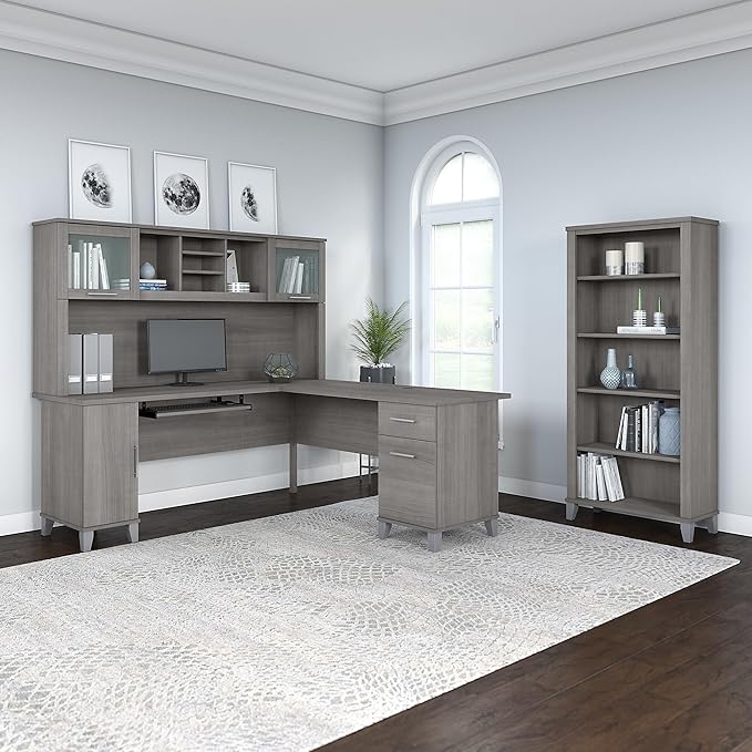 Bush Home Somerset 72W L Shaped Desk with Hutch and 5 Shelf Bookcase in Platinum Gray