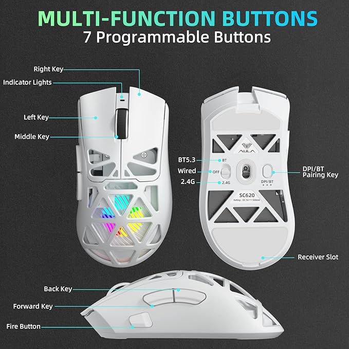 Aula SC620 Wireless Gaming Mouse, Tri-Mode 2.4GHz/USB-C/BT5.3 Computer Mouse with 12000 DPI, Programmable Macro Gamer Mouse with Rapid Fire Key, RGB Light White Gaming Mice for PC/Laptop/Mac