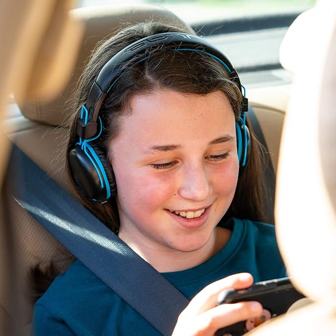 JLab JBuddies Play Gaming Wireless Kids Headset, Blue, 22+ Hour Bluetooth 5 Playtime 60ms Super-Low Latency for Mobile Gameplay, Retractable Boom Mic, AUX Cord Compatible w/Gaming Consoles