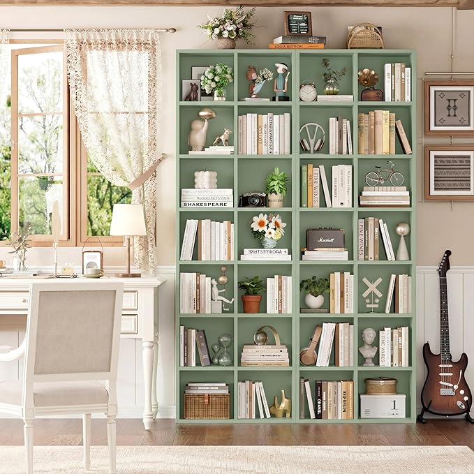 FOTOSOK 71'' Tall Bookshelf with 14 Cubes, 7 Tier Double Wide Bookshelf with 6 Adjustable Shelves, 19.6" Narrow Bookcase DVD/CD Media Storage Shelf, Space Saving Display Shelf Cabinet, Green