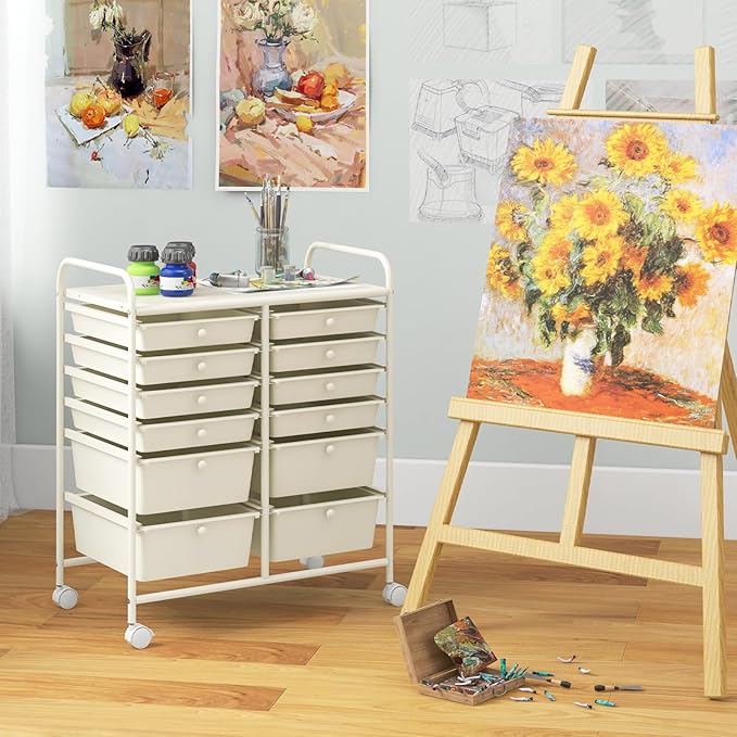 Moccha 12-Drawer Rolling Storage Cart - Utility Cart on Wheels with Lockable Casters for Craft Art Supply Paper Salon, Mobile Drawer Carts for Classroom Teacher School Office (White)