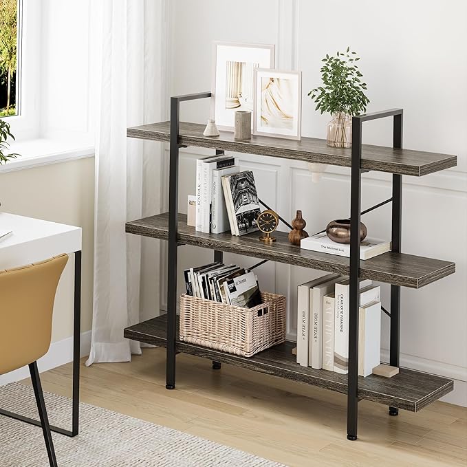 OtterOasis Heavy Duty 3-Tier Industrial Bookcase, 39" Wide Wood Bookshelf for Home Office, 120lbs Shelf Capacity, Rustic Shelving Display with Reinforced Horizontal Shelf for Living Room Bedroom, Grey