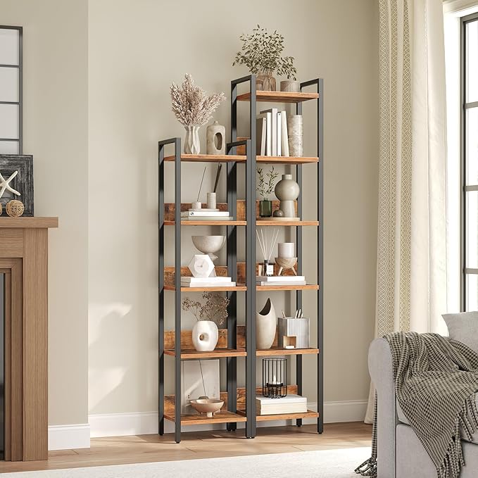 MAHANCRIS Bookshelf, 6-Tier Bookcase, Standing Book Shelf for Small Space, Storage Shelf Organizer, for Living Room, Bedroom, Study, Balcony, Rustic Brown and Black BKHR6601