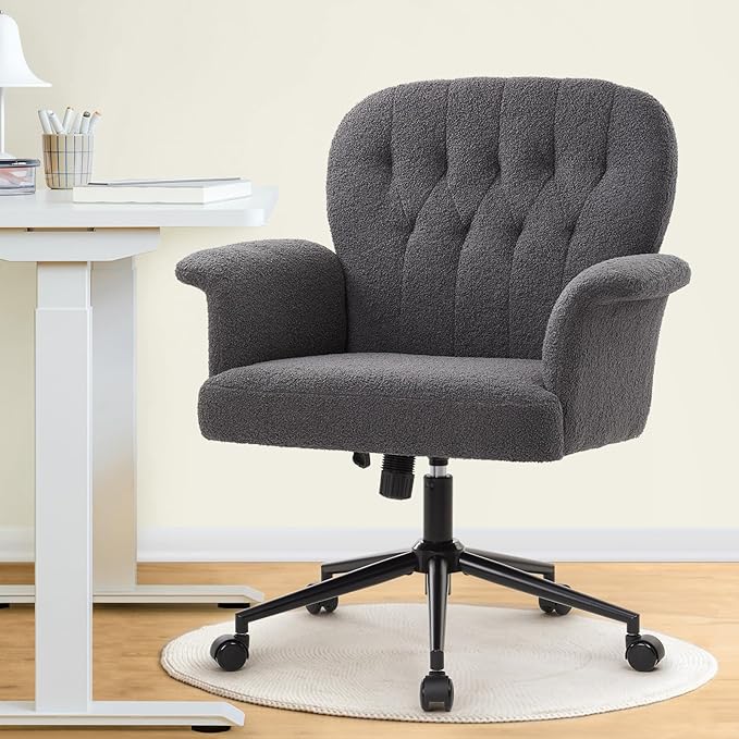 IWMH Home Office Desk Chair, Teddy Fabric Cozy Desk Chair with Wheels and Arms, Modern Upholstered High Back Wide Seat Vanity Chair for Bedroom Living Room Makeup (Dark Grey)