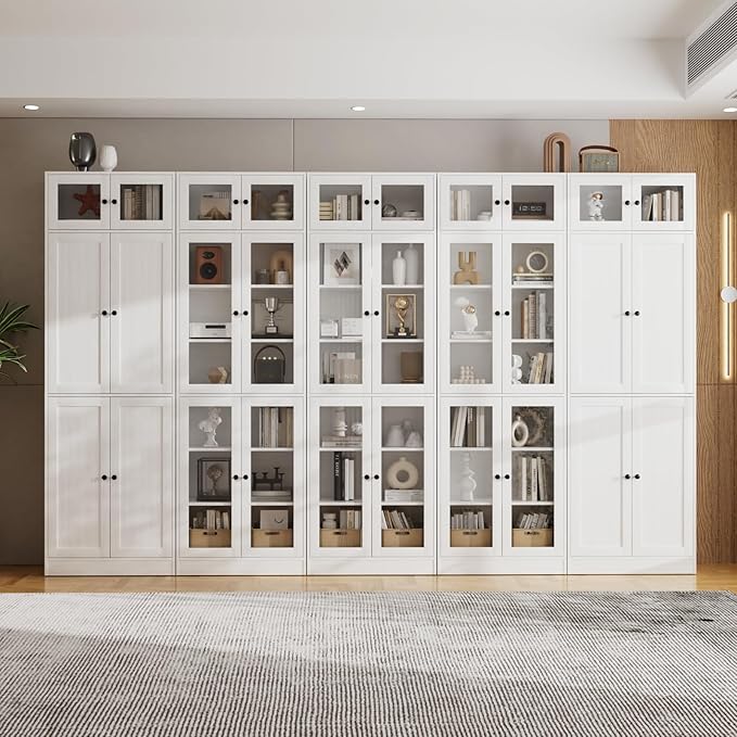 VOWNER 85.5" Tall Wooden Bookshelf 5 Sets, Storage Cabinet with Glass Doors, 7 Tier Bookcase for Living Room, White Pantries with Doors and Shelves, Modern Large Storage for Home Office