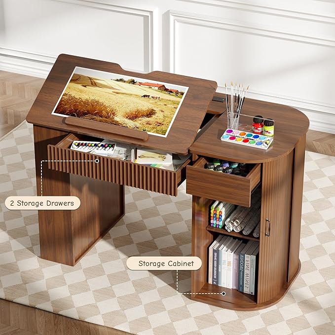 Drafting Table with Storage Cabinet & Drawers, Crafting Table with Open Shelves, Fluted Drawing Desk Computer Desk for Artists, Painters, Drawing, Crafting, Reading, Writing, Working