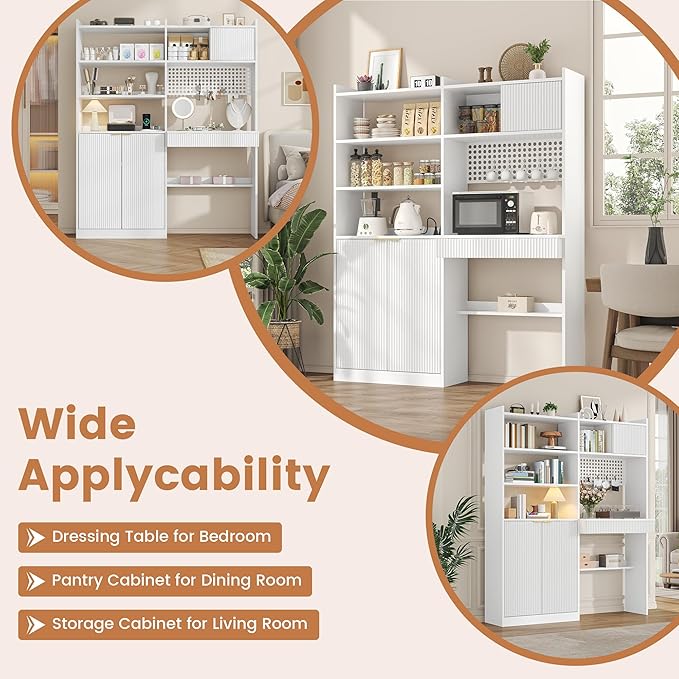 kepptory 63" Tall Computer Desk with Hutch, Fluted Wood Computer Desk, Featuring Charging Station, Drawer and Storage Cabinet, for Home Office Work and Study (White)