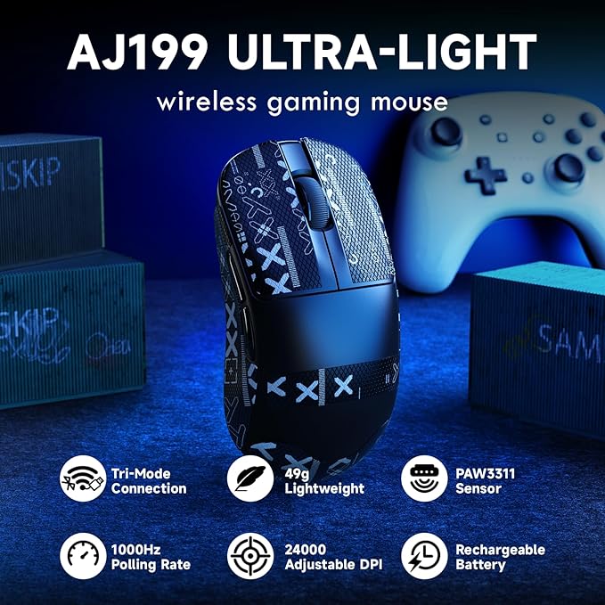 ZIYOU LANG×Magic-Refiner AJ199 Lightweight Wireless Gaming Mouse,Tri-Mode(2.4G/Wired/BT),24K DPI,PAW3311 Optical Sensor,1000Hz Polling Rate,600mAh,49g Ergonomic Mice for Mid-Large Hands-Black&Sticker