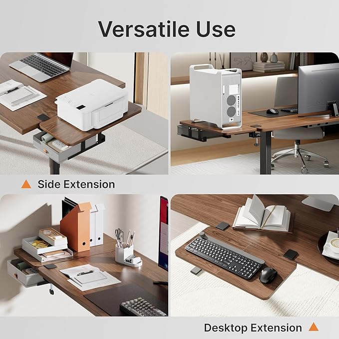 PEGZONE Desk Extender Tray, 24" x 12" Clamp On Desk Shelf, Desk Extension with Storage Drawer, Table Desk Arm Rest, Clamp On Keyboard Tray for Office and Home, Workstation Organizer, Medium, Walnut