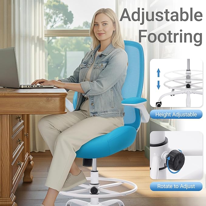 HYLONE Drafting Chair Tall Office Chair with Flip-Up Armrests Ergonomic Computer Chair with Lumbar Support Adjustable Footrest Ring Mesh Standing Desk Chair (Blue)