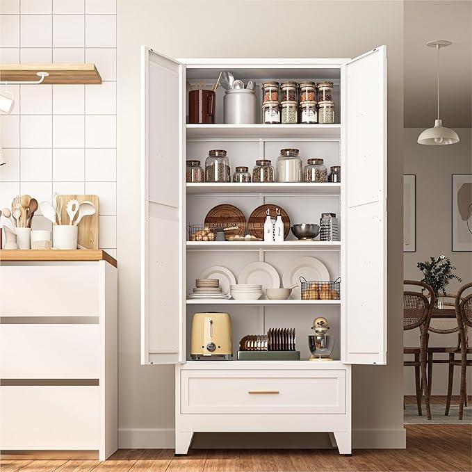 Washsemba 71 "Farmhouse Metal Filing Cabinet with a Drawer and 4 Adjustable Shelves, with 2 Large barn Door White Kitchen Cabinets, Metal Food Cabinets for Home, Kitchen, Dining/Living Room (White)