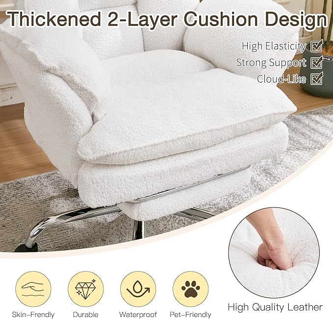 Ergonomic Cloud Cross Legged Office Chair with Footrest,Teddy Fleece Big and Tall Executive Chair with Wheels,Reversible Armrest,155° Reclining Computer Wide Desk Chair for Home,Office (Beige)