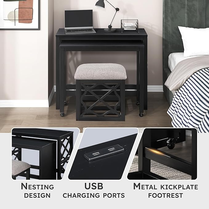 Lexicon Space-Saving Home Office Wood Desk Set, Modern Makeup Vanity Desk with Padded Vanity Stool, USB Charging Port, Nesting Table, Rolling Small Computer Table for Writing/Study/Bedroom, Black