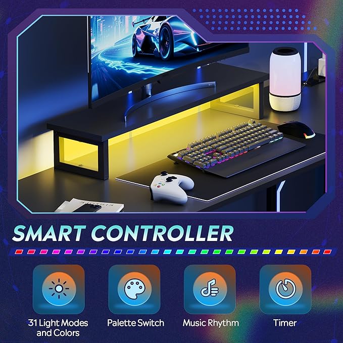 DEVAISE L Shaped Desk with Drawers, L Shaped Gaming Desk with Power Outlets, LED Lights, Monitor Stand, Computer Table, Large Corner Desk for Home Office (Black, 66 Inch)