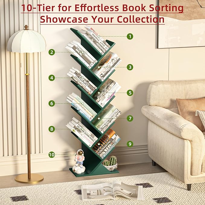 SHEEPAM 10 Tier Tree Book Shelf, Floor Standing Wood Bookshelf for Narrow Space, Storage Organizer Bookshelves for Books/CDs/Magazine, Bookcase with Shelves for Home Office, Living Room
