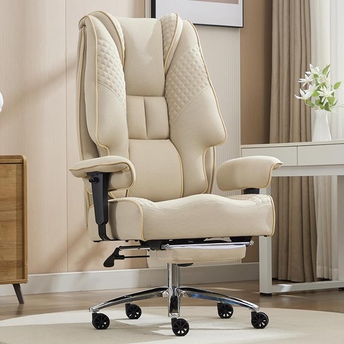 EXCEBET Big and Tall Office Chair 400lbs Wide Seat, Leather High Back Executive Office Chair with Lumbar Support, Ergonomic Chairs Padded Armrests & Thick Cushion (Mesh Beige)
