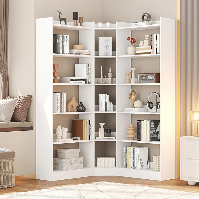 Semoic 6 Tiers Corner Bookshelf and Bookcase with Baffle, 63.1" Tall Modern L-Shaped Storage Display Book Shelf Industrial Bookshelves for Bedroom, Living Room, Kitchen, Home Office, White