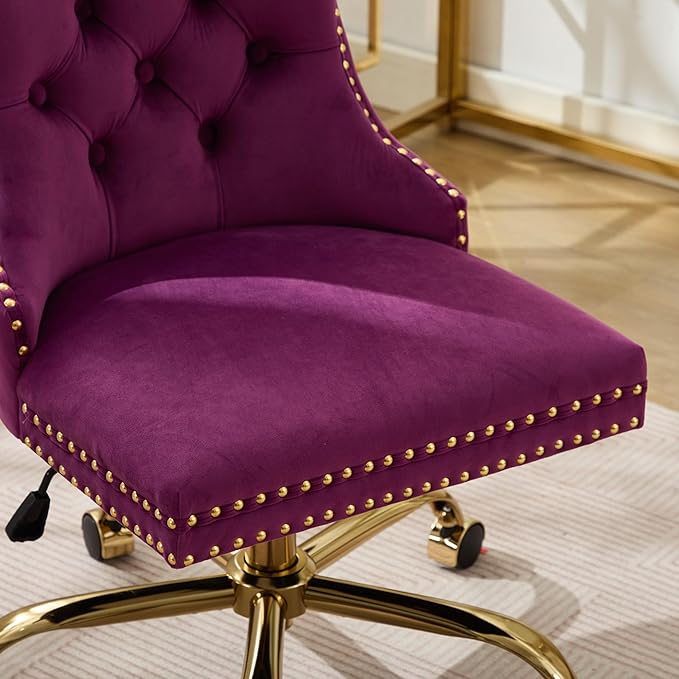 Goujxcy Desk Chair, Modern Velvet Upholstered Tufted Button Home Office Chair, 360° Swivel Armless Desk Chairs, 120°Rocking Ergonomic Computer Task Vanity Chairs, Purple