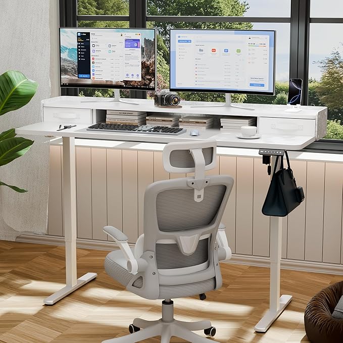 YESHOMY 63" x 23" Electric Standing Desk with 2 Drawers, Height Adjustable Computer Desk, Low Noise Home Office Stand Up Desk with 2 Preset Heights & 2 Hooks, White