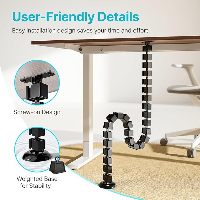 PEGZONE Under Desk Cable Management Spine, Flexible Cable Snake Organizer for Standing Desk, Screw Mounted Vertebrae Wire Management for Table, Black