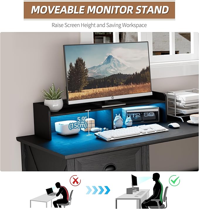 Lareth Executive L Shaped Desk with Monitor Stand, 59 inch Farmhouse Corner Computer Desk with Power Outlets & LED Lights, Home Office Desk with File Cabinet for Working Gaming Writing, Black