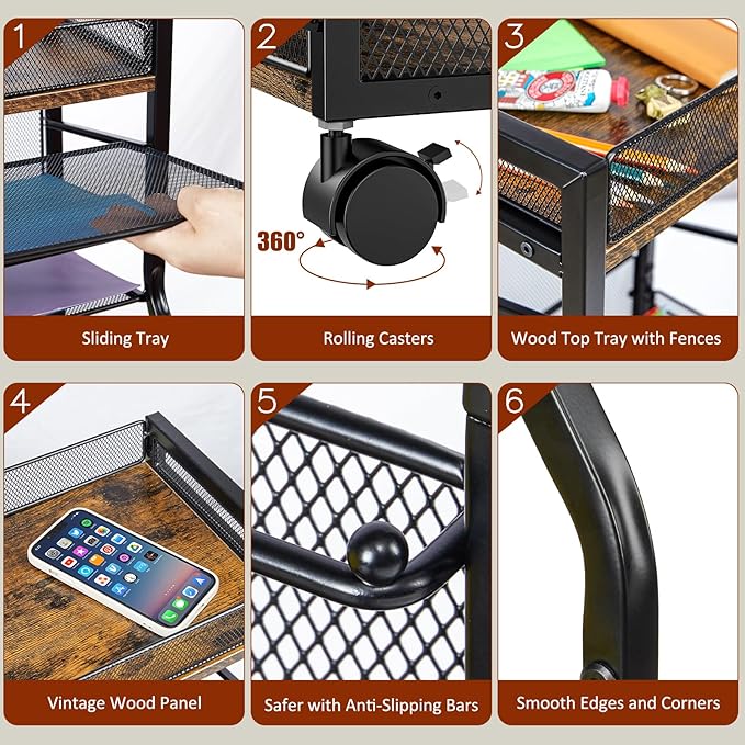 5-Tier Rolling File Cart with Lockable Wheels, Mobile Desk File Organizer Hanging File Folders Paper Letter Sliding Trays, Black Wood & Mesh Hanging Folder Drawer Organization for Office, Home, School