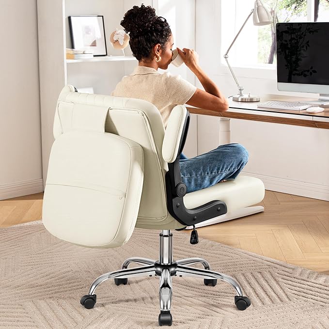 Criss Cross Office Chair with 2-in-1 Flip Backrest – Ergonomic PU Leather Floor Sitting Chair, Adjustable Height, 360° Swivel & Flip-Up Arms, Extra-Wide Seat for Home Office, Vanity, Nail Salon-White