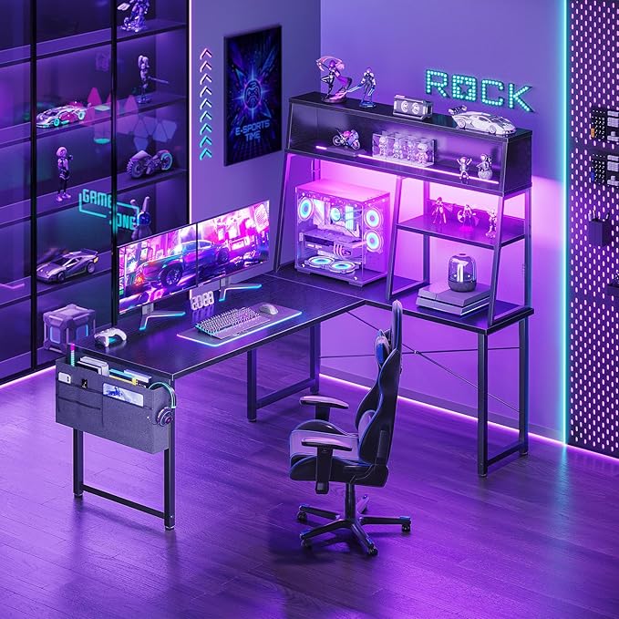 AODK L Shaped Gaming Desk with Led Lights, 51 Inch Reversible Gaming Computer Desk with Display Shelves, PC Gamer Desk Gamer Table with Storage Bag, L Desk for Game, Black