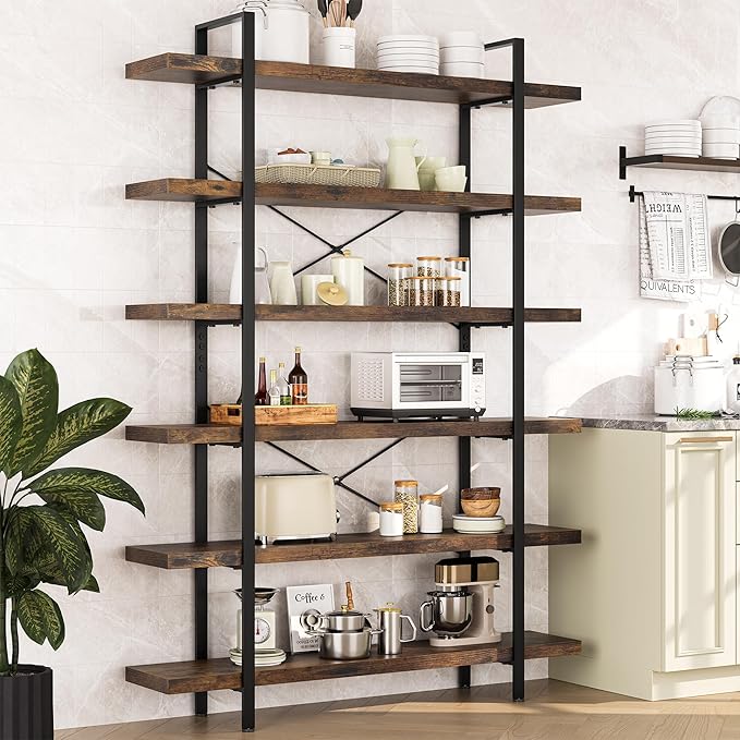 OtterOasis Heavy Duty 6-Tier Industrial Bookcase, 47" Wide Wood Bookshelf for Home Office, 120lbs Shelf Capacity, Rustic Open Shelving Display with Reinforced Horizontal Shelf for Living Room Bedroom
