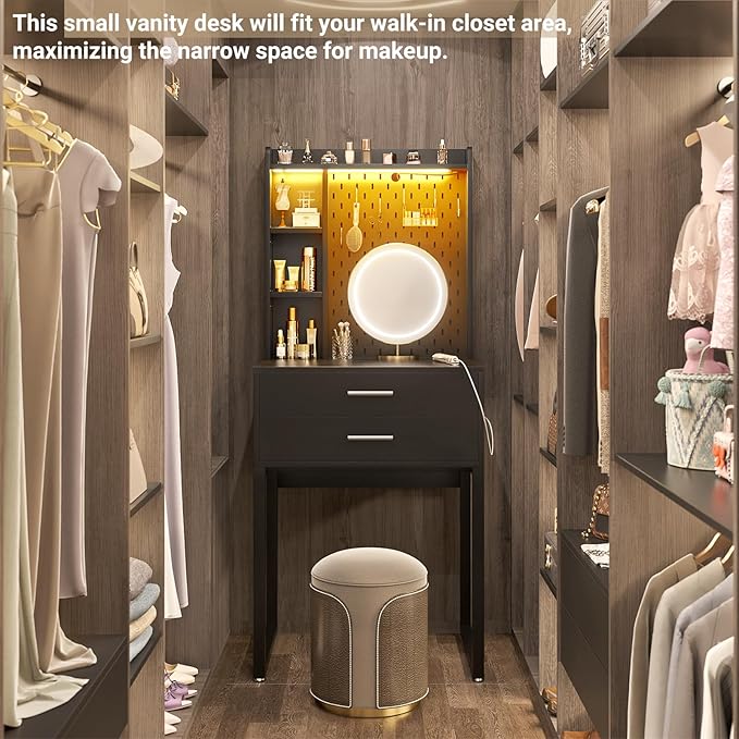 Besiost Small Vanity Desk with Hutch and Drawers, Black Makeup Vanity Desk with Charging Station, Vanity Table Dressing Table with LED Lights, Vanity Desk No Mirror with Pegboard for Girls Women, 24"