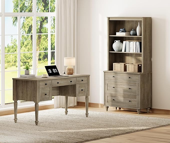 WAMPAT Home Office Furniture Set, 56'' Executive Desk with Charging Station, 72" Tall Bookcase with 3 Drawers, Wood Computer Desk with File Cabinet Storage, Open Shelf, Wash Grey