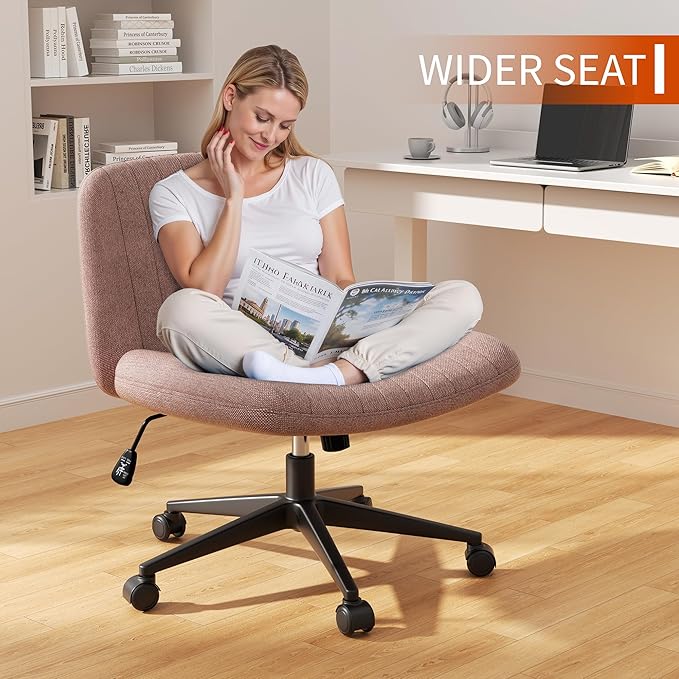 Meilocar Criss Cross Chair with Wheels, Cross Legged Office Chair, Armless Office Chairs Adjustable Height Swivel Tilting Fabric Vanity Chairs for Home Bedroom (Pink)