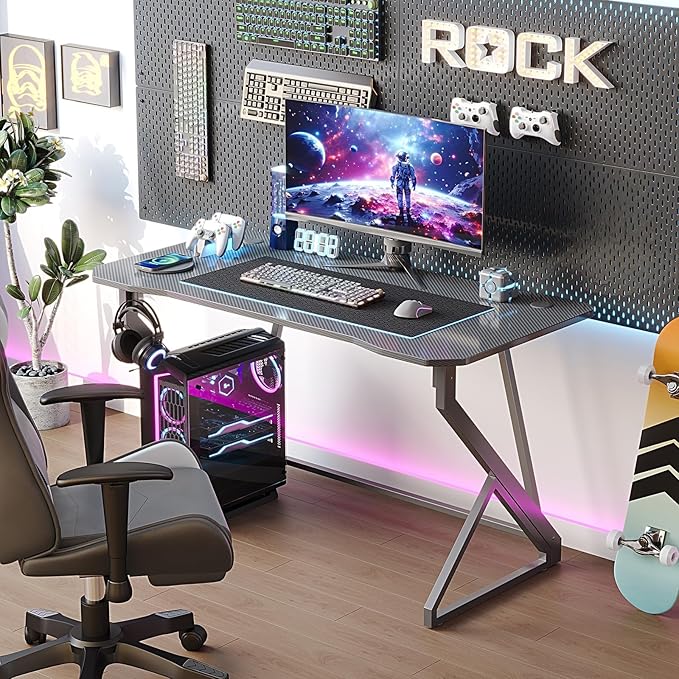 Grandder Gaming Desk Z Shaped 47 Inch Gamer Workstation, Home Computer Carbon Fiber Surface Gaming Desk PC Table with Headphone Hook, Carbon Fiber Grey