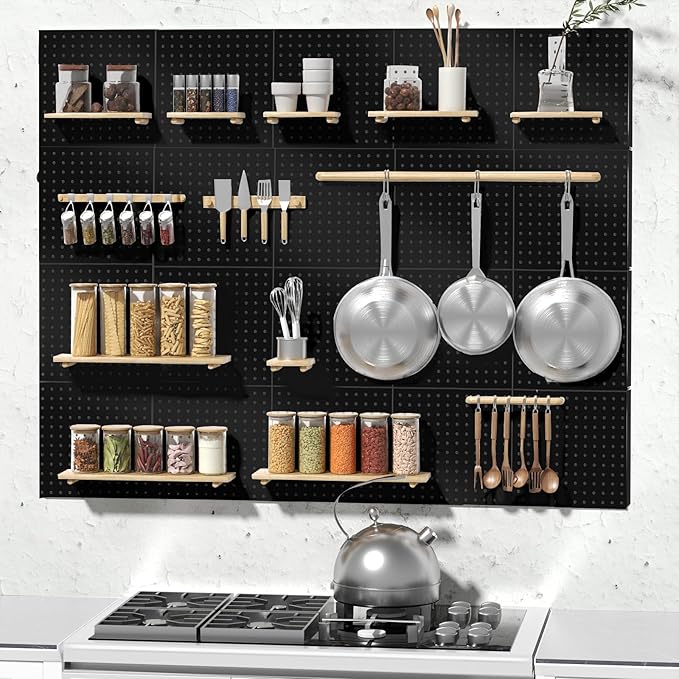 Peg Board, 6PCS Metal Pegboard, Heavy Duty Pegboard Wall Organizer with Frame. Black Pegboard for Walls, Garage, Workbench, Craft Room Tool Organization, Metal Pegboard Panels 12in*12in