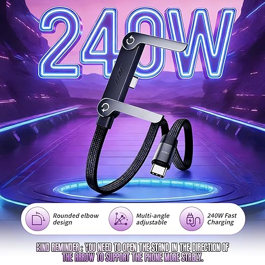240W Braided Fast Charge Cable with Built-in Phone Stand, Portable Charger Cable with Invisible Stand,USB C to USB C Fast Charging Cable 90 Degree Right Angle, Foldable Charger Cord with Hidden Holder