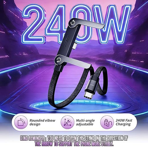 240W Braided Fast Charge Cable with Built-in Phone Stand, Portable Charger Cable with Invisible Stand,USB C to USB C Fast Charging Cable 90 Degree Right Angle, Foldable Charger Cord with Hidden Holder