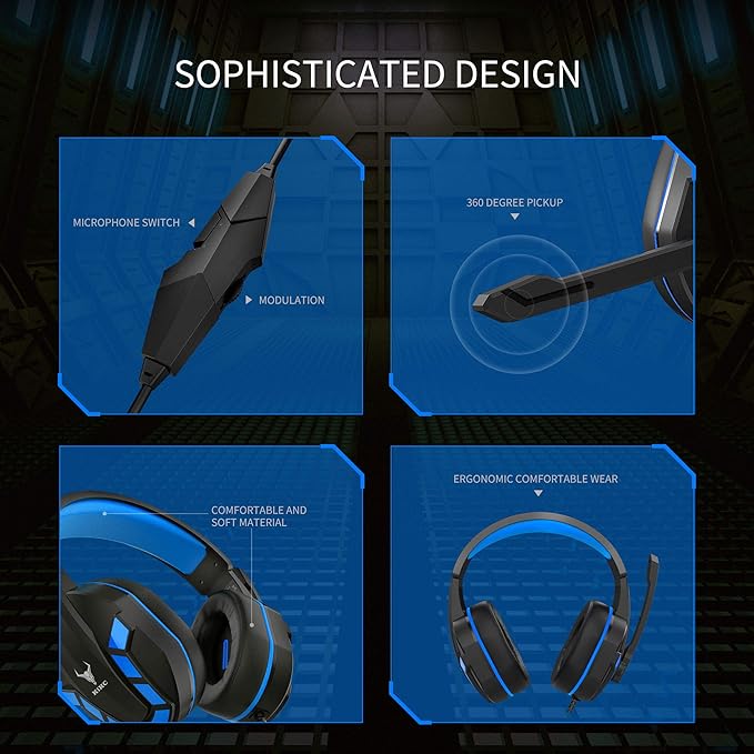 Kikc Gaming Headset with Mic for PS4, PS5, Xbox, PC, Switch, Controllable Volume Gaming Headphones with Soft Earmuffs for Mobile Phone, iPad, and Notebook, 40mm Drivers, 3.5 mm Audio Jack-Blue