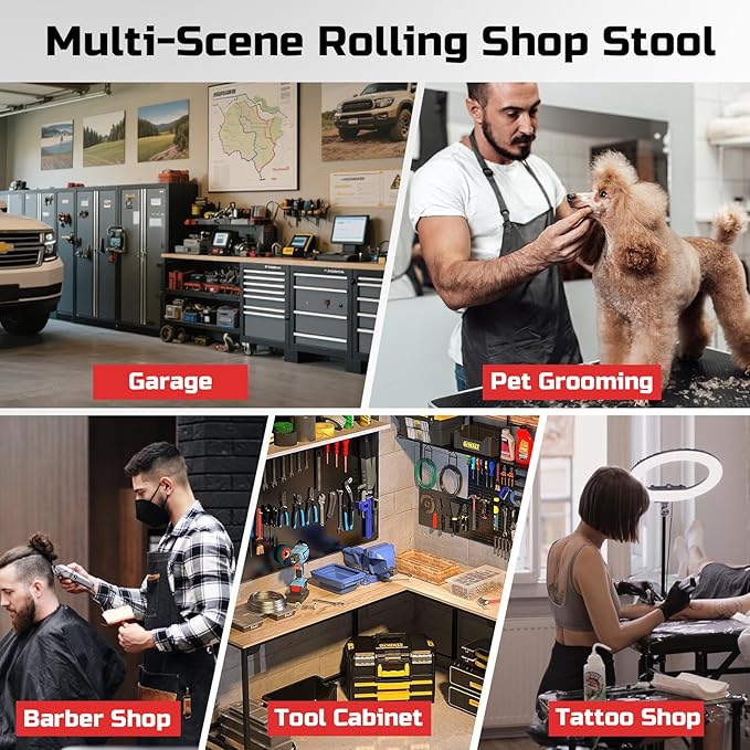 Rolling Shop Stool with Wheels, Garage Mechanic Stool Chair with Backrest, Height Adjustable Heavy Duty Swivel Task Chair, Adjustable Footrest with Storage Tray for Garage Kitchen Salon Tattoo (Red)