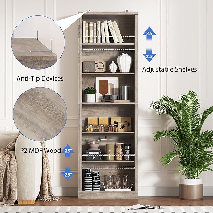 BORNOON 75" Tall Bookshelf, 6-Tier Floor Standing Bookcase with 2 Adjustable Shelves, 24" Wide Open Storage Shelf, Modern Display Organizer for Home Office, Living Room, Bedroom, Study