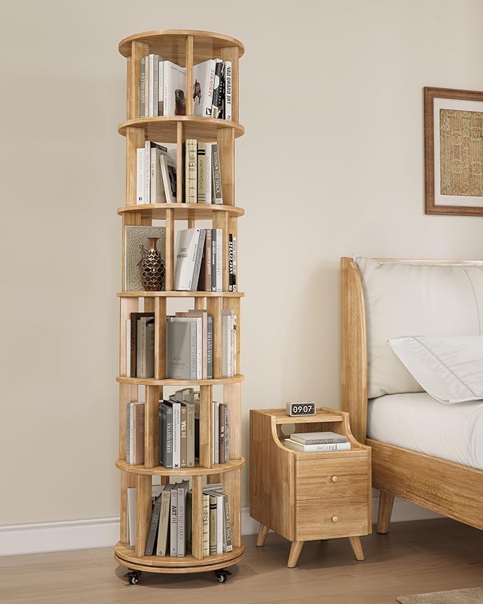 IUNVR Rotating Bookshelf, 6 Tier Solid Wood Bookshelf Tower with Lockable Wheels, 360° Spinning Revolving Bookcase for Small Spaces, Corners, Bedroom, Kids Room, Home Office, Natural