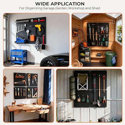 INCLY 4 Pack Peg Board, 12"x16" Upgrade Heavy Duty Metal Pegboard Panels, Black Pegboard Wall Organizer, Peg Board Panels for Walls Home, Garage Tools Storage, Shed, Craft Room, Office, Kitchen