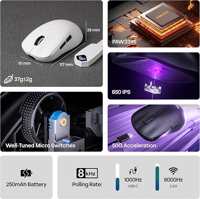 MechLands AULA SC800 Gaming Mouse with Adjustable 26,000 DPI, PAW3395 Sensor, 8000 Polling Rate, Dual-Mode Wireless Lightweight Mouse, Ultra-Precise & Durable for Gaming & Esports & Office Use (White)