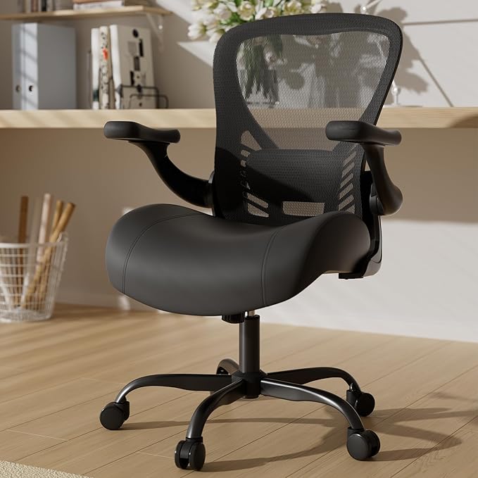 GYI Office Chair Ergonomic, Computer Desk Chair with Memory Foam Seat, Technical Mesh Back, 3D Flip-up Arms, Adjustable Lumbar Support&Height, Wheels for Home or Office, Black