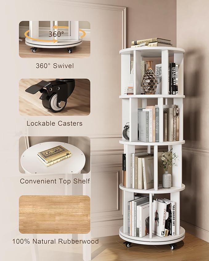 IUNVR Rotating Bookshelf, 4 Tier Solid Wood Bookshelf Tower with Lockable Wheels, 360° Spinning Revolving Bookcase for Small Spaces, Corners, Bedroom, Kids Room, Home Office, White