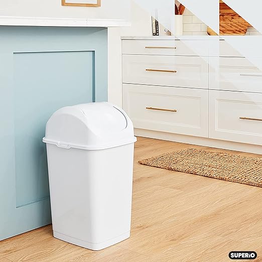 Superio Kitchen Trash Can with Swing Top Lid 9 Gallon Slim Waste Bin 37 Qt Sturdy Plastic Garbage Can Medium Recycling Bin for Office, Bathroom, Under Counter, Dorm, Bedroom (Beige/Brown-2 Pack)