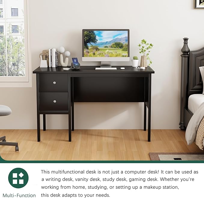 BHG Computer Desk with Drawers,Modern White Home Office Desk with Storage Filing Cabinet, Vanity Desk Makeup Dressing Table for Bedroom,Small Writing Table PC Desks for Study (Black, 43.3")