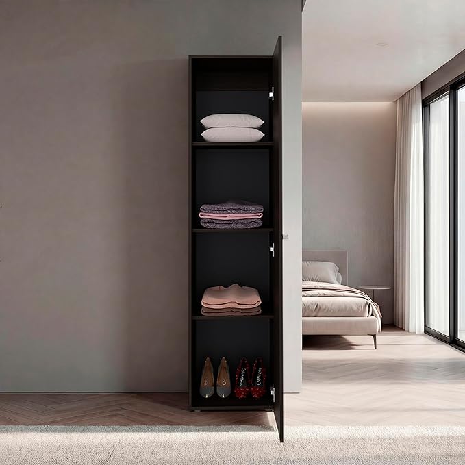 Saily Storage Cabinet with 4 Shelves and Mirror on Door, Modern Design, Walnut Mirror on Door: Includes a full-length mirror, making it convenient for quick outfit checks. Easy Access: Features a s