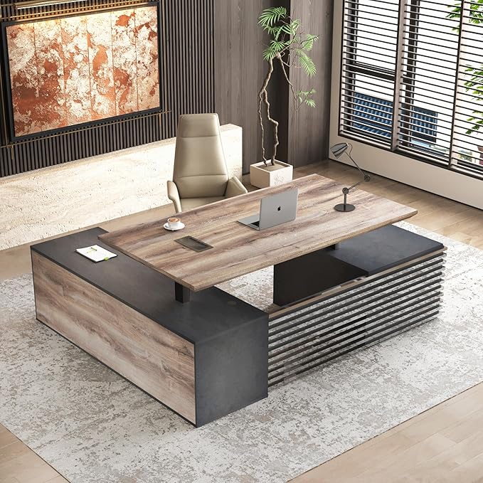SAINTCY 78.74In L Shaped Executive Standing Desk with Drawers, Large Modern Adjustable Heigh Home Office Desk w/Universal Charging Ports, Business Workstation, Black and Warm Oak